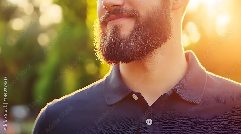 The portrait showcases a bearded man smiling in warm sunlight outdoors The portrait showcases a bearded man smiling in warm sunlight outdoors