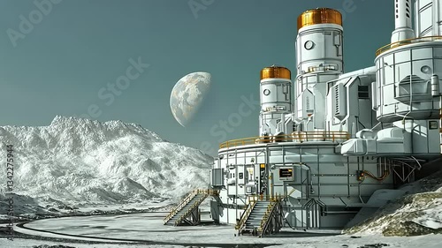 Futuristic lunar base with advanced structures, Earth visible in the background, set in a barren landscape