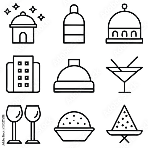 Vector icon set for web design featuring food, menu, and restaurant symbols