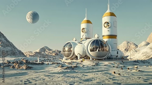 Futuristic lunar base with domed structures, rocky terrain, and a distant planet in the background