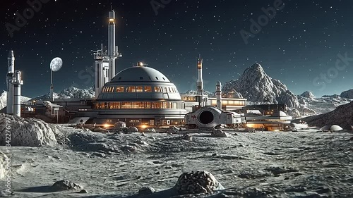 Futuristic lunar base with advanced architecture and spacecraft under a starry sky on the moon