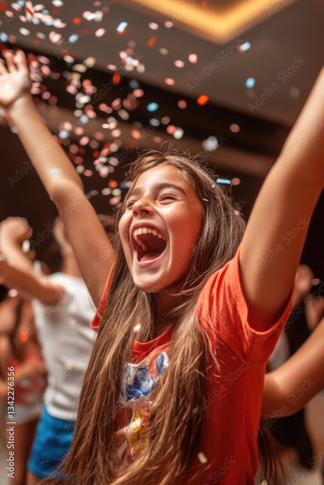 Fototapeta premium Joyful hispanic young girl celebrating with colorful confetti in a lively party atmosphere