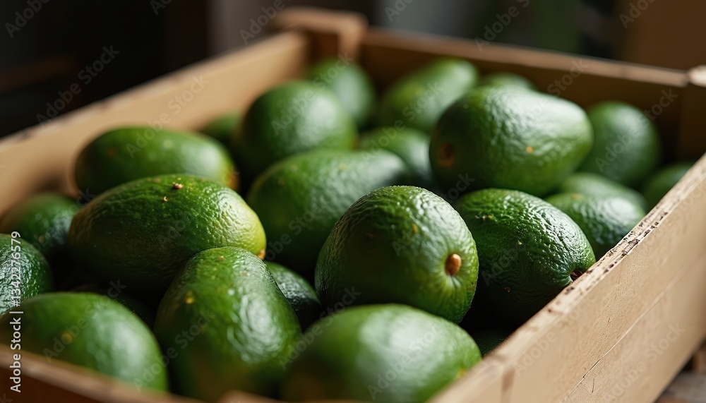 Close-up of ripe avocados packed in box. Green exotic fruit full of vitamins for grocery store. Healthy diet ingredient, organic nutrition for vegetarian alimentary. Harvest agriculture background.