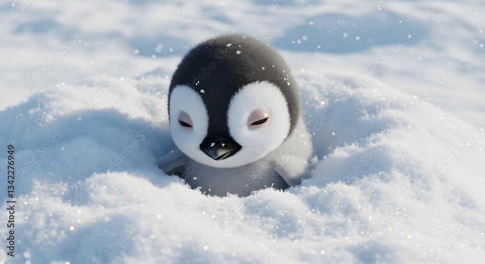 Obraz premium Cute Baby Penguin Resting in Snow with Fluffy Feathers and Closed Eyes