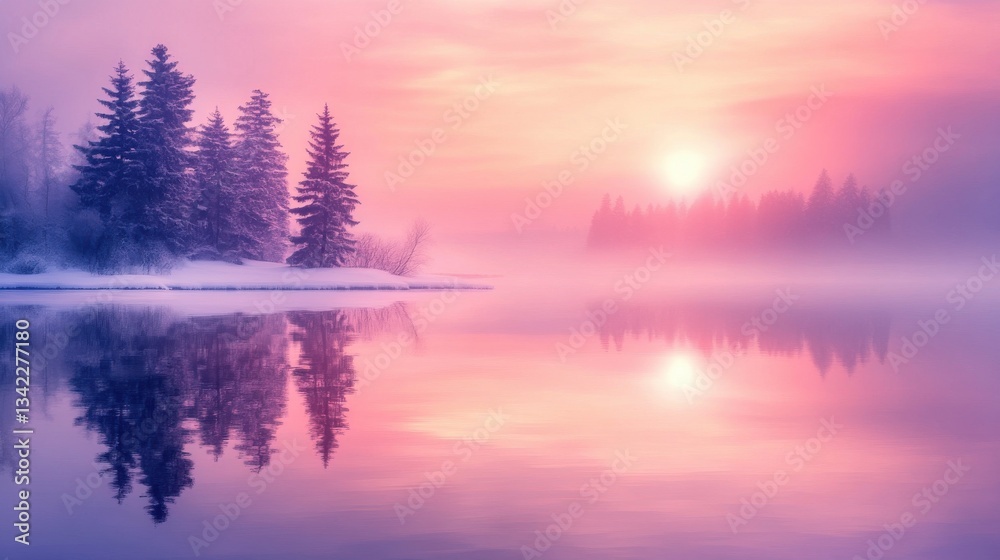 Fototapeta premium Serene Winter Sunrise Over Tranquil Reflective Lake and Pine Trees