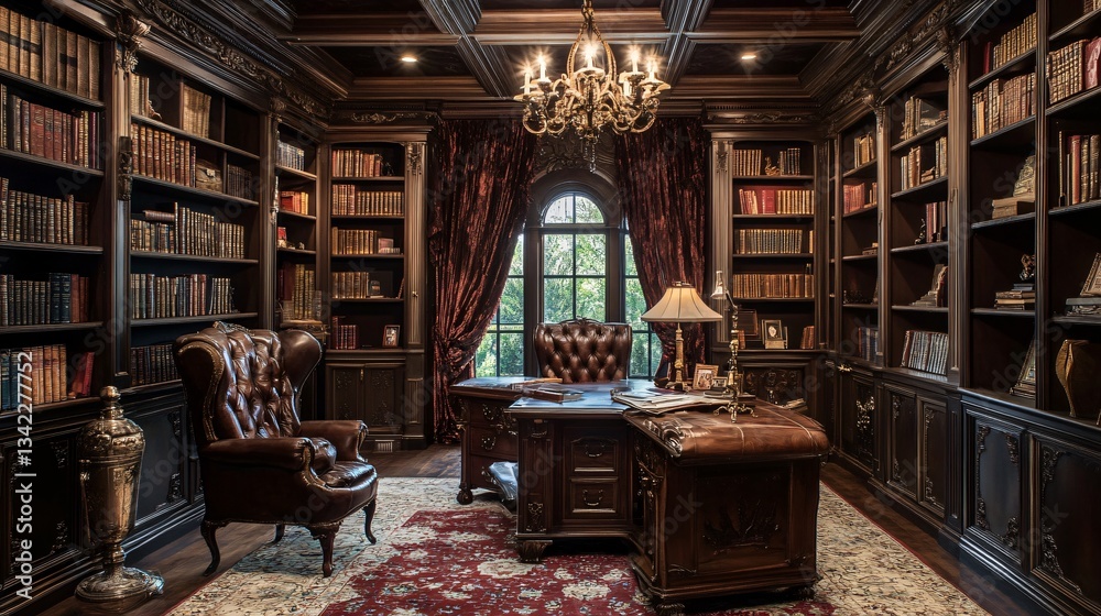 Gothic-Inspired Study: a dark, moody study with ornate wooden furniture, rich velvet drapes, vintage leather-bound books, and gothic-style lighting, creating a dramatic intellectual retreat Gothic-Inspired Study: a dark, moody study with ornate wooden furniture, rich velvet drapes, vintage leather-bound books, and gothic-style lighting, creating a dramatic intellectual retreat