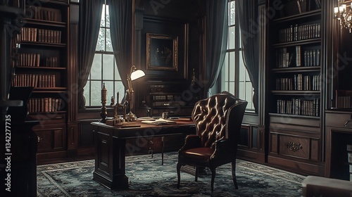 Gothic-Inspired Study: a dark, moody study with ornate wooden furniture, rich velvet drapes, vintage leather-bound books, and gothic-style lighting, creating a dramatic intellectual retreat