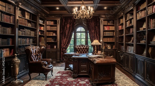 Gothic-Inspired Study: a dark, moody study with ornate wooden furniture, rich velvet drapes, vintage leather-bound books, and gothic-style lighting, creating a dramatic intellectual retreat