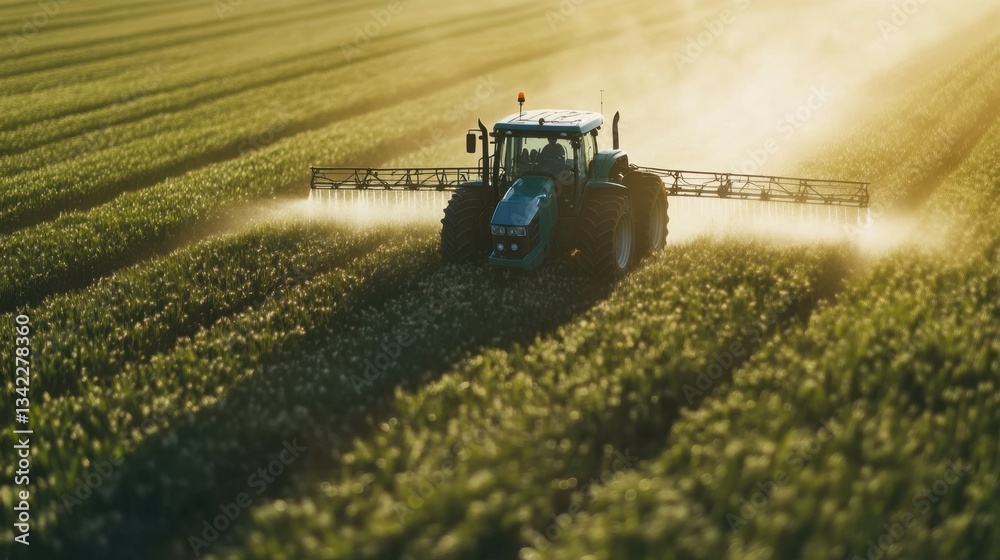Fototapeta premium Agricultural tractor spraying fertilizer on agricultural field. Smart agriculture farming, agricultural food crops technology.