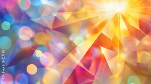 A vibrant abstract design featuring a light burst with geometric shapes and bokeh effects in a range of colors, creating a dynamic and energetic visual.