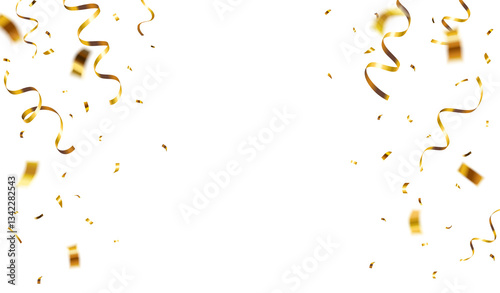 Realistic falling gold confetti and streamers decorative border on transparent background	