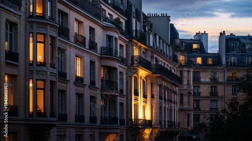Fototapeta Naklejka Na Ścianę i Meble -  Parisian apartments glow warmly against the twilight, casting inviting light