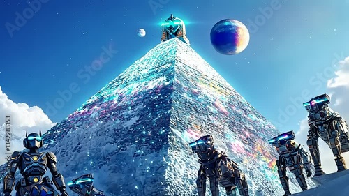 Futuristic robots exploring a shimmering pyramid on an alien planet under a vibrant sky