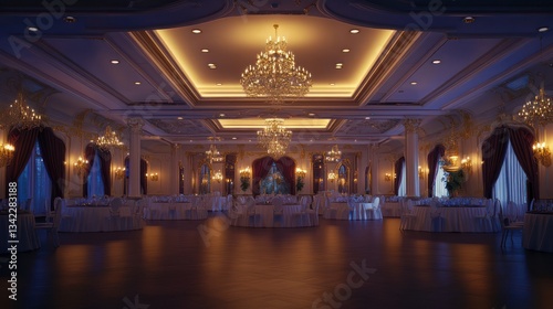 Grand ballroom, elegant tables set, night, chandeliers, event preparation
