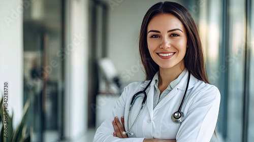 Professional female doctor in white coat with stethoscope, standing in a bright medical office, confident smile, clean and modern background perfect for healthcare, medical services, and wellness