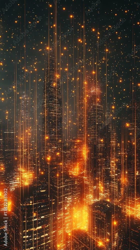 Obraz premium A futuristic cityscape illuminated by glowing lights and particles, creating a dynamic atmosphere.