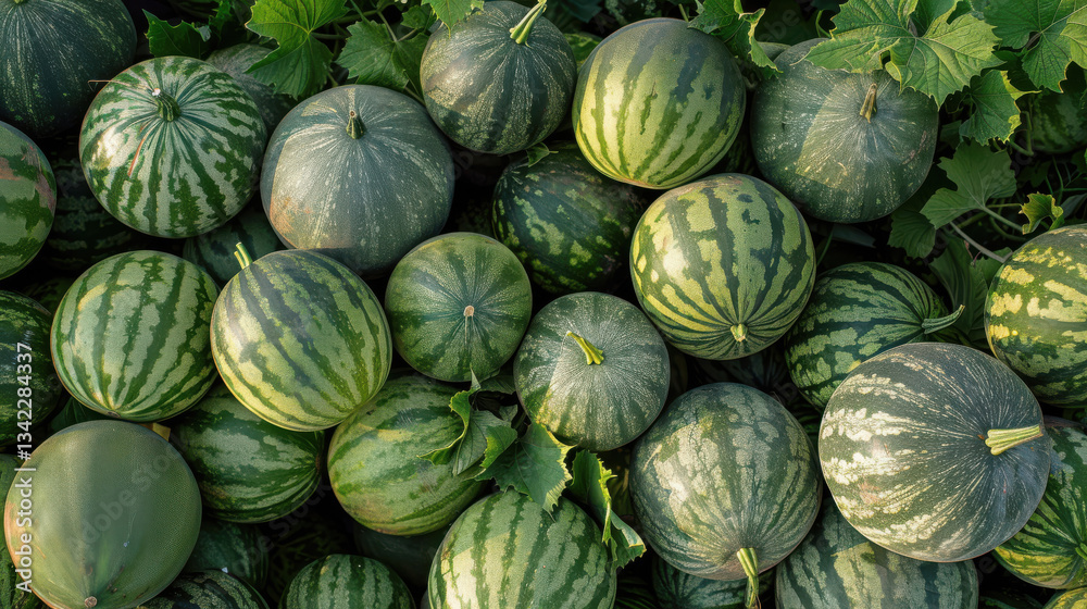Melons stacked artistically on the ground, showcasing patterns and textures from an aerial perspective Melons stacked artistically on the ground, showcasing patterns and textures from an aerial perspective