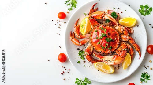 Steamed crab, lemon, herbs, plate, white