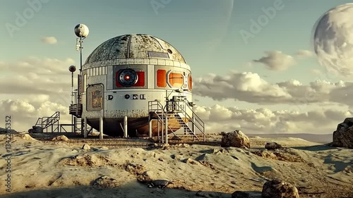Futuristic space habitat on a barren landscape under a dramatic sky with distant celestial bodies