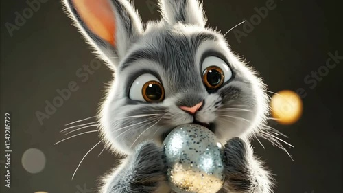 Easter bunny holding and earing a shiny Easter egg in its arms on a nautral bakground photo