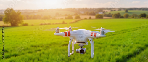 Drone flying over vibrant green farmland, precision agriculture concept
