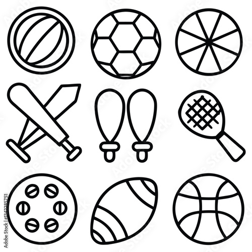 A vector set of sports icons featuring ball games like basketball, football, and tennis