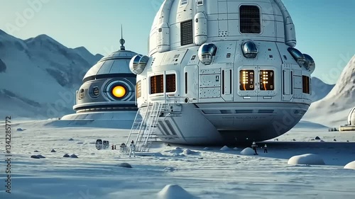 Futuristic spacecraft landing on a snowy alien landscape with astronauts exploring nearby