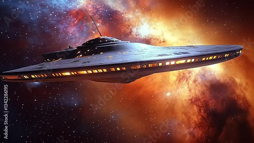 Futuristic spaceship gliding through a vibrant cosmic nebula with colorful stars and gas clouds