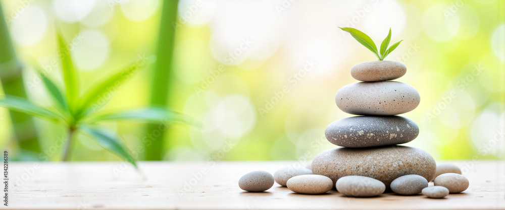 Obraz premium Zen rock arrangement with bamboo background, tranquility and peace