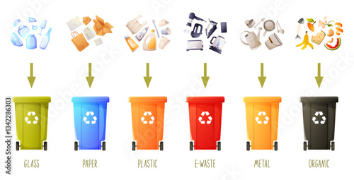 Garbage with arrow above garbage bins. Waste management concept: segregation, separation, garbage bins, sorting, recycling, trash can. Paper, plastic, scrap metal, glass, organic waste, e-waste.