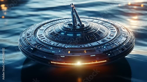 Futuristic spaceship hovering over tranquil water at sunset, reflecting lights and creating ripples