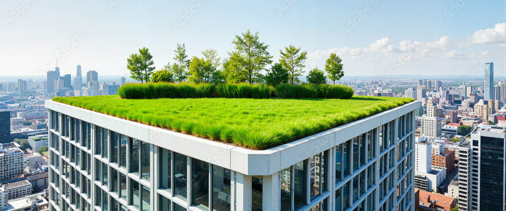 Fototapeta premium Rooftop garden on modern skyscraper, urban nature integration