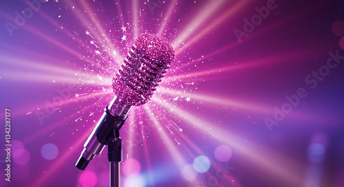 Glittery Pink Microphone on Stage with Sparkling Lights