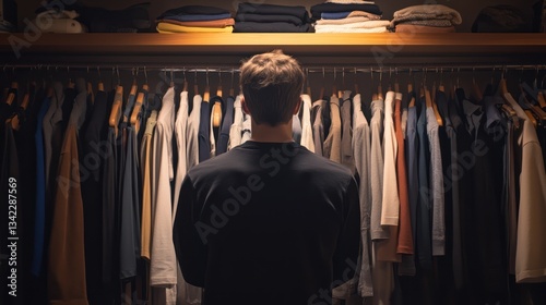 Wallpaper Mural Man choosing clothes in dimly lit closet, clothes stacked above Torontodigital.ca