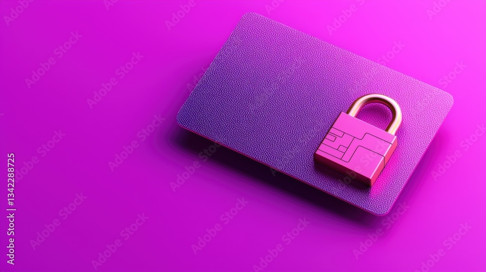 Fototapeta premium payment protection insurance and warranty, A vibrant purple background features a stylized card with a shiny padlock, symbolizing security and protection in a modern digital landscape.