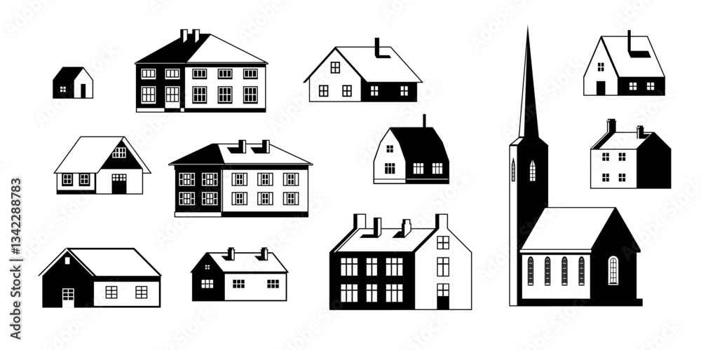Fototapeta premium Set of various flat city buildings icons. Including rural houses, barns, granaries, peasant huts, church. Handmade drawing vector Illustration. Clip art.