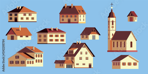 Set of various flat city buildings icons. Including rural houses, barns, granaries, peasant huts, church. Handmade drawing vector Illustration. Clip art.
