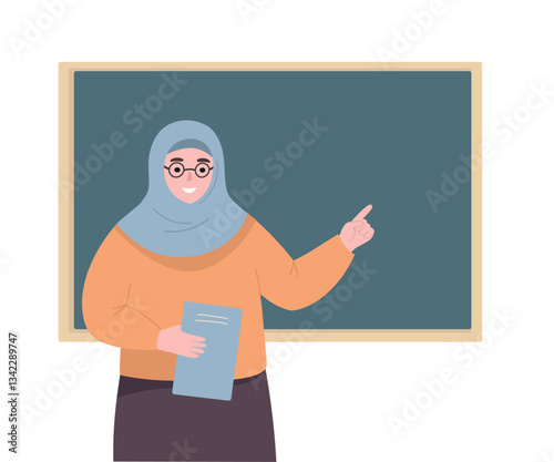 Muslim woman teacher in hijab standing at the board, teaching, transferring knowledge, showing material. Vector flat graphics.