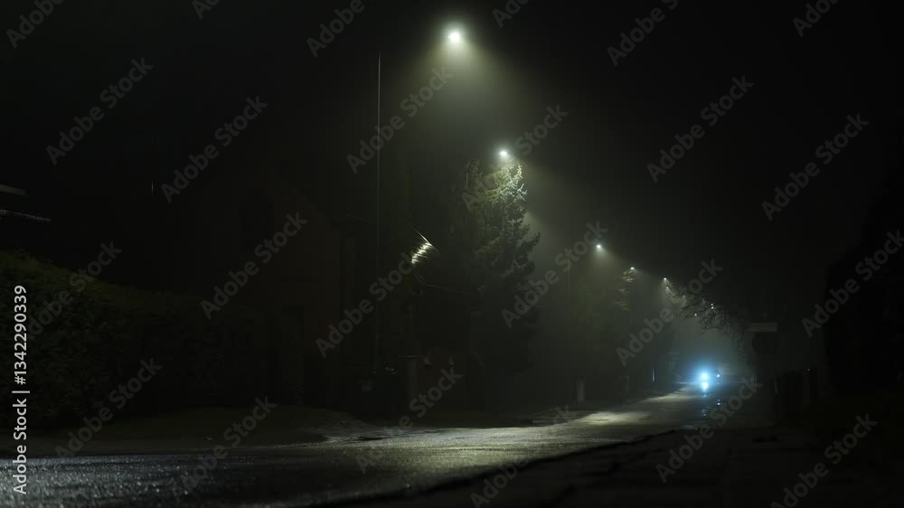 Misty street at night with glowing lamps and passing vehicles in a serene scene