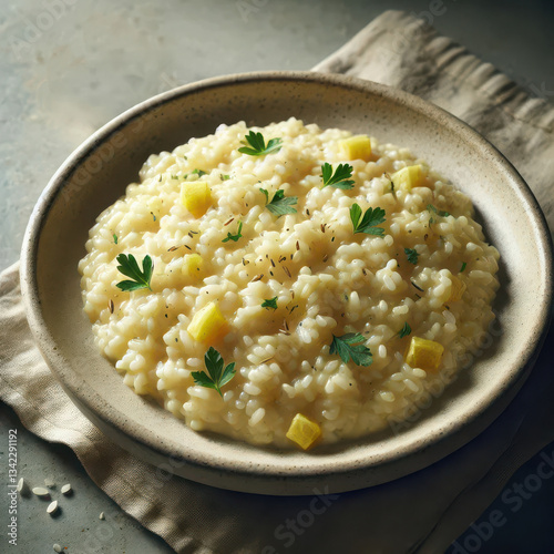 Creamy lemon risotto with fresh parsley and diced lemon on a rustic ceramic plate. Perfect Italian dish with a rich, zesty flavor.
