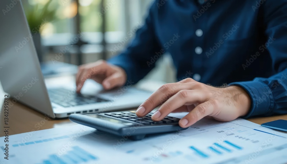 Close up businessman hand using calculator to budgeting and tax calculation monthly expenses. budget management and accounting on table. Business finance accounting banking concept. Close up businessman hand using calculator to budgeting and tax calculation monthly expenses. budget management and accounting on table. Business finance accounting banking concept.