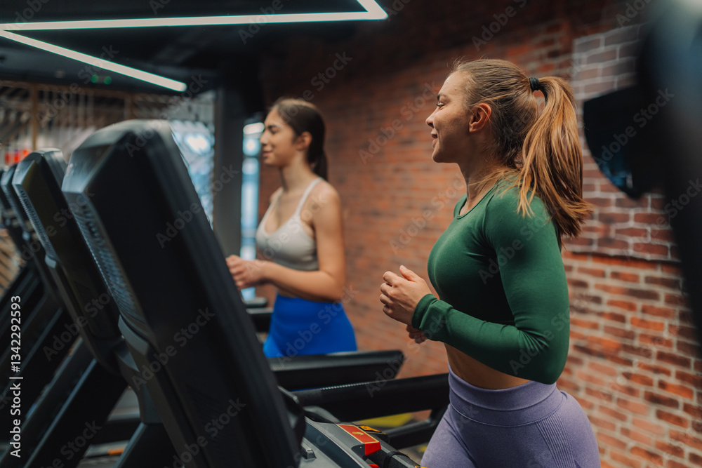 Obraz premium Two young women running on treadmills in modern gym