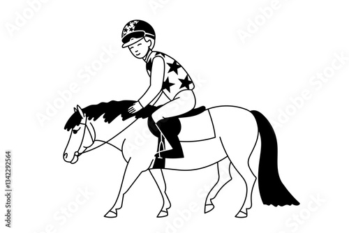 Child jockey riding a pony in a black and white line drawing