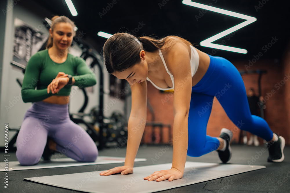 Fototapeta premium Determined sportswoman doing mountain climbers exercise with personal trainer