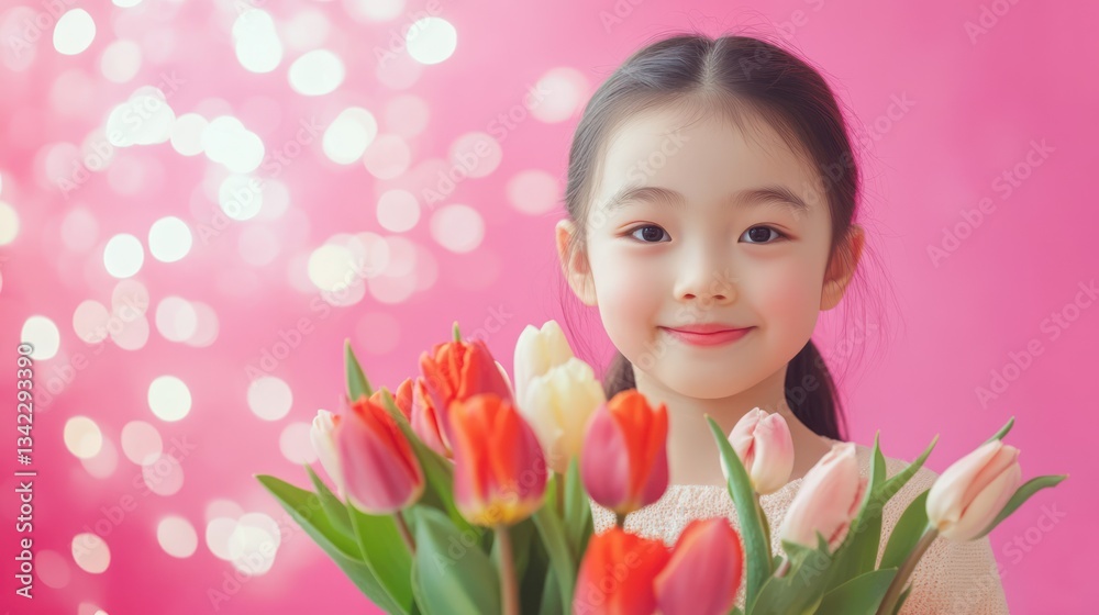 Happy girl holding tulips, pink bokeh background, studio shot, Mother's Day card Happy girl holding tulips, pink bokeh background, studio shot, Mother's Day card
