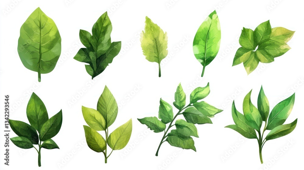 Green leaves collection, white background, design Green leaves collection, white background, design