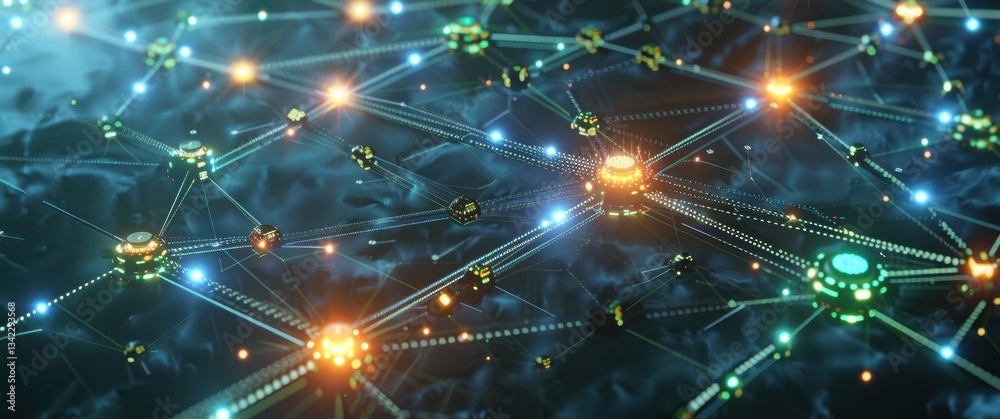 Obraz premium Futuristic render blur of a distributed computing constellation, interconnected processing units showing dynamic energy transfers.