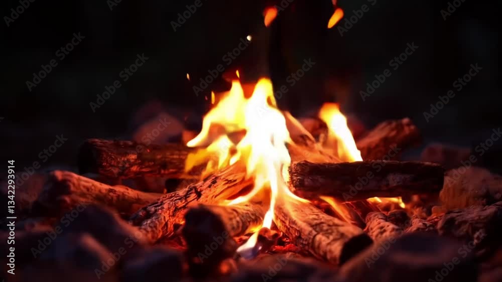 A campfire crackling with tiny glowing embers drifting upward A campfire crackling with tiny glowing embers drifting upward