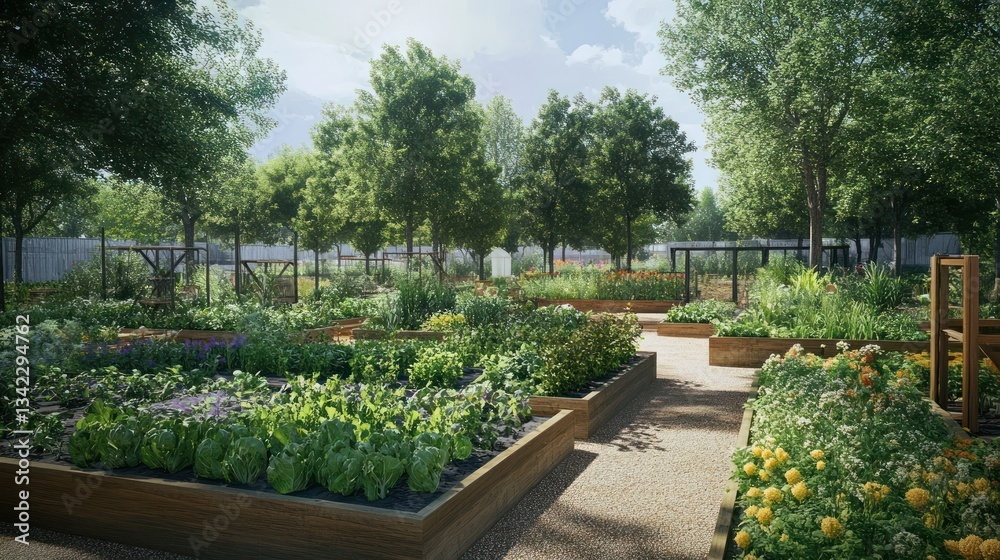 Fototapeta premium Community garden, sunny day, raised beds, lush plants, suburban setting, marketing