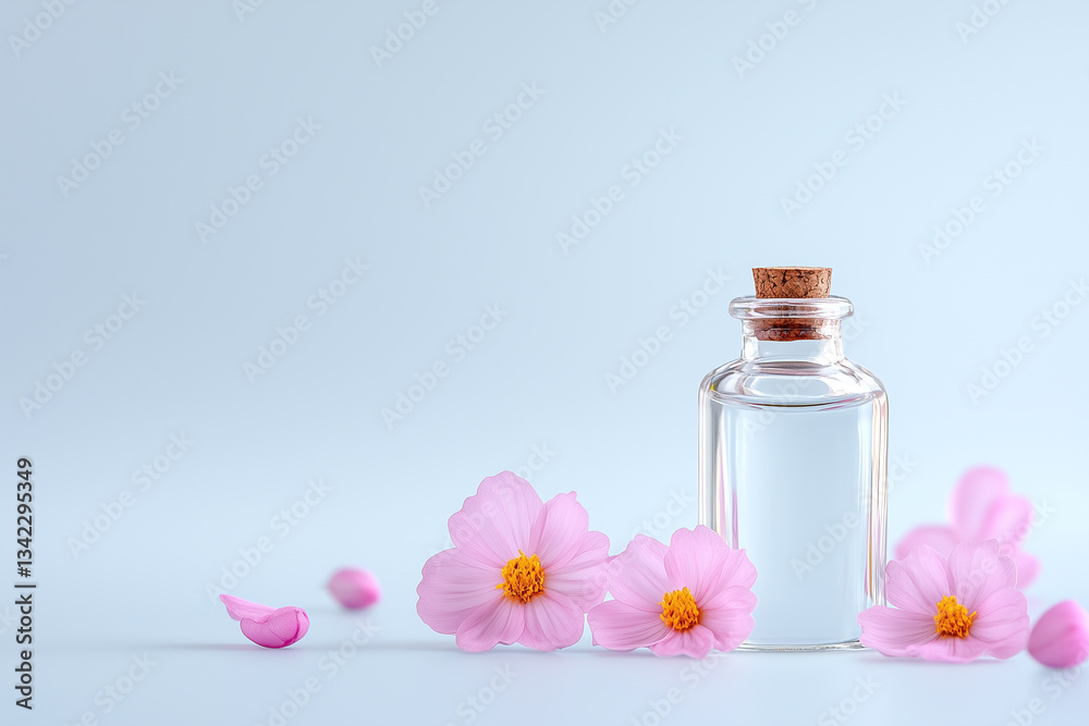 Glass bottle with transparent liquid, spa still life with essential oils Glass bottle with transparent liquid, spa still life with essential oils